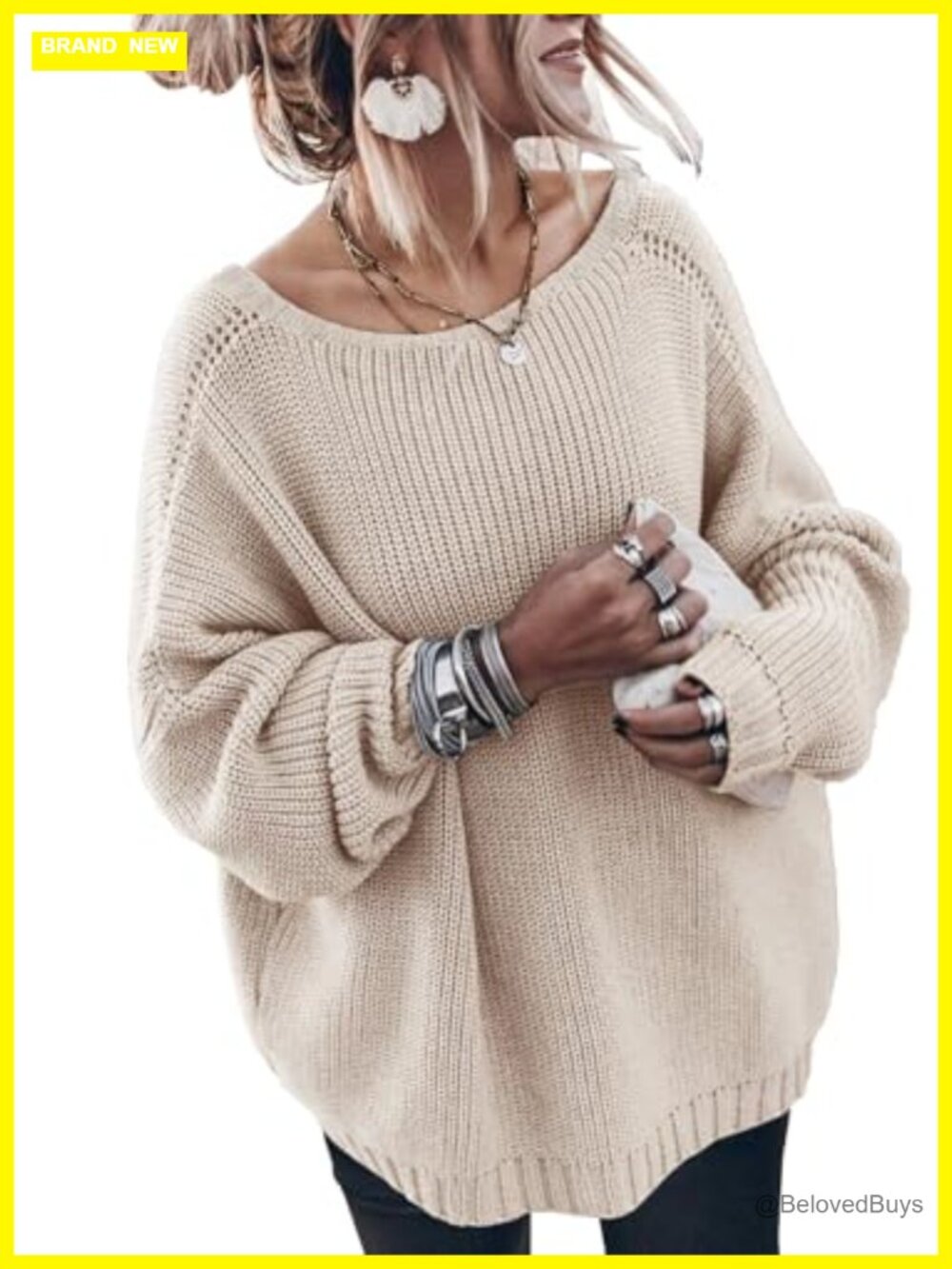 Oversized Cotton Crew Neck Long Sleeve Knit Pullover Sweater